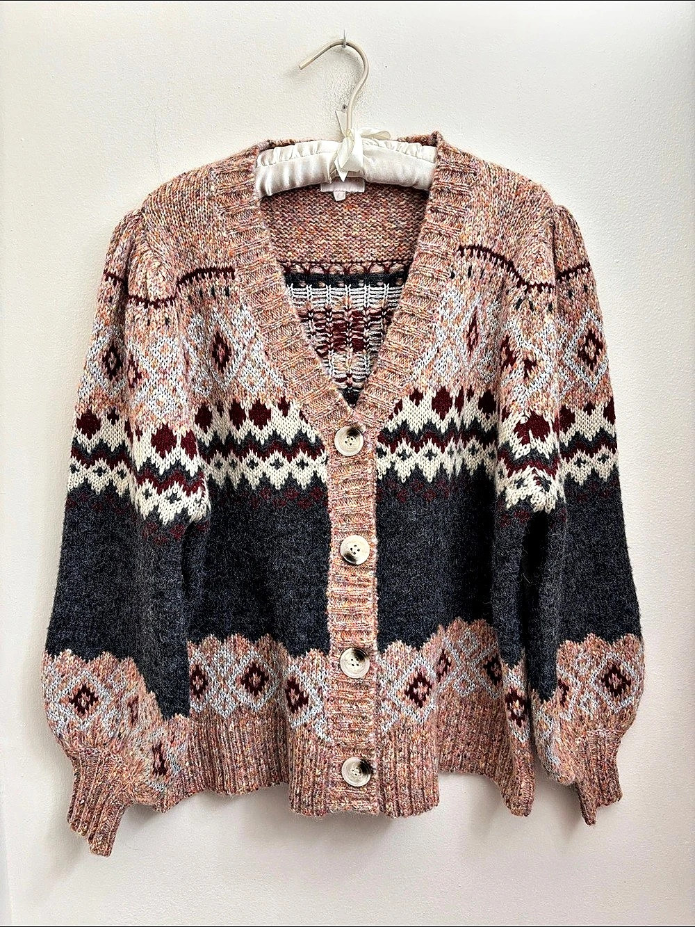 Entro Geometric Knit Cardigan in Black, Pink & Silver Size Large
